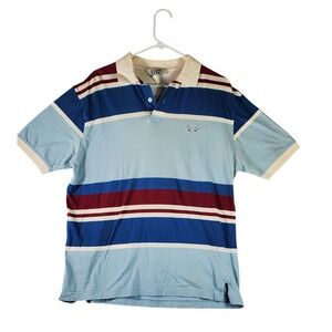 Vintage Retro Fox Men's Striped Polo Shirt Short Sleeve Blue Red Casual Sz large